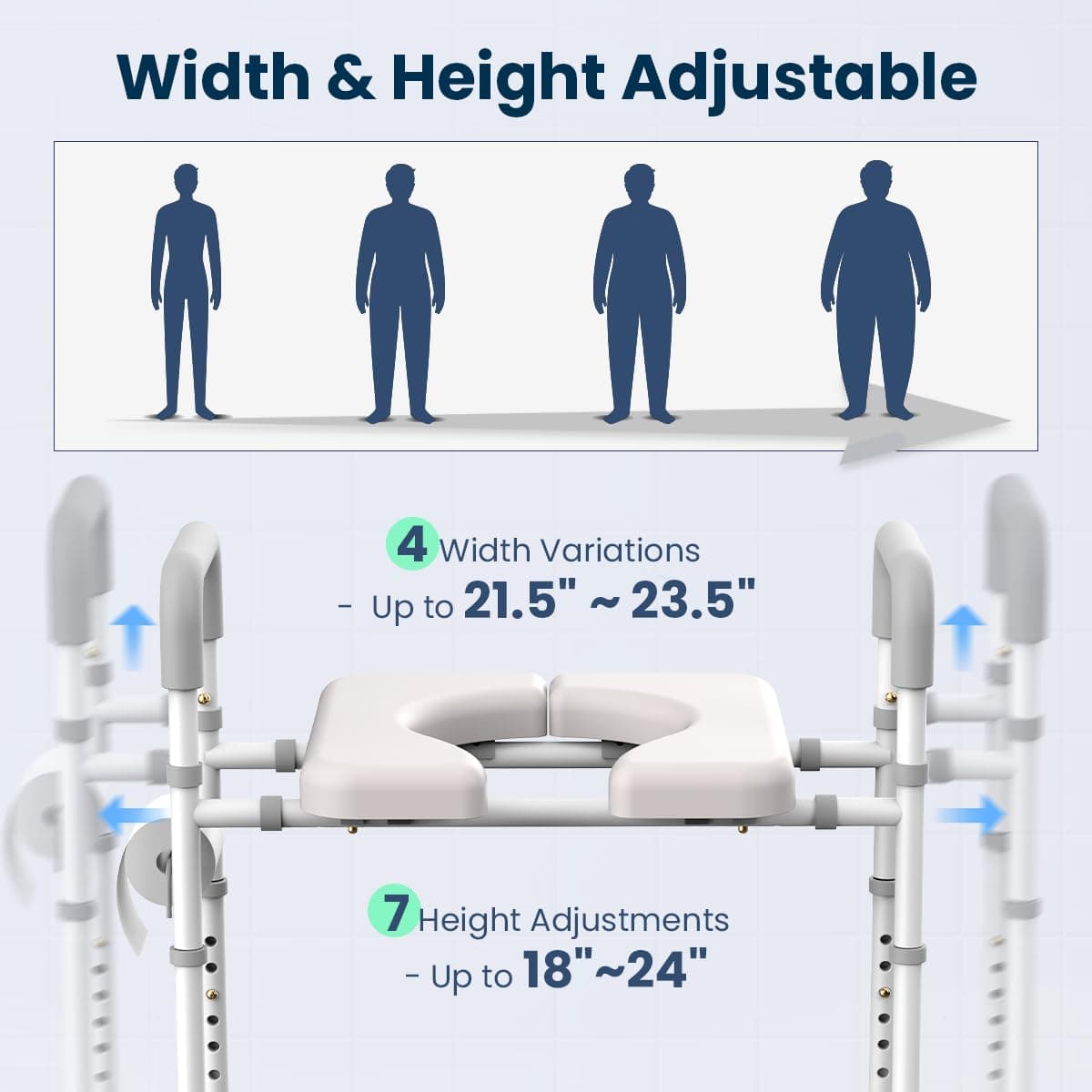 Raised Toilet Seat with Handles - Toilet Seat Riser for Seniors with Adjustable Width & Height, 400 lbs Elevated Toilet Seat Riser for Handicap, Disabled and Pregnant, Fit Any Toilet-Grey thumbnail 2