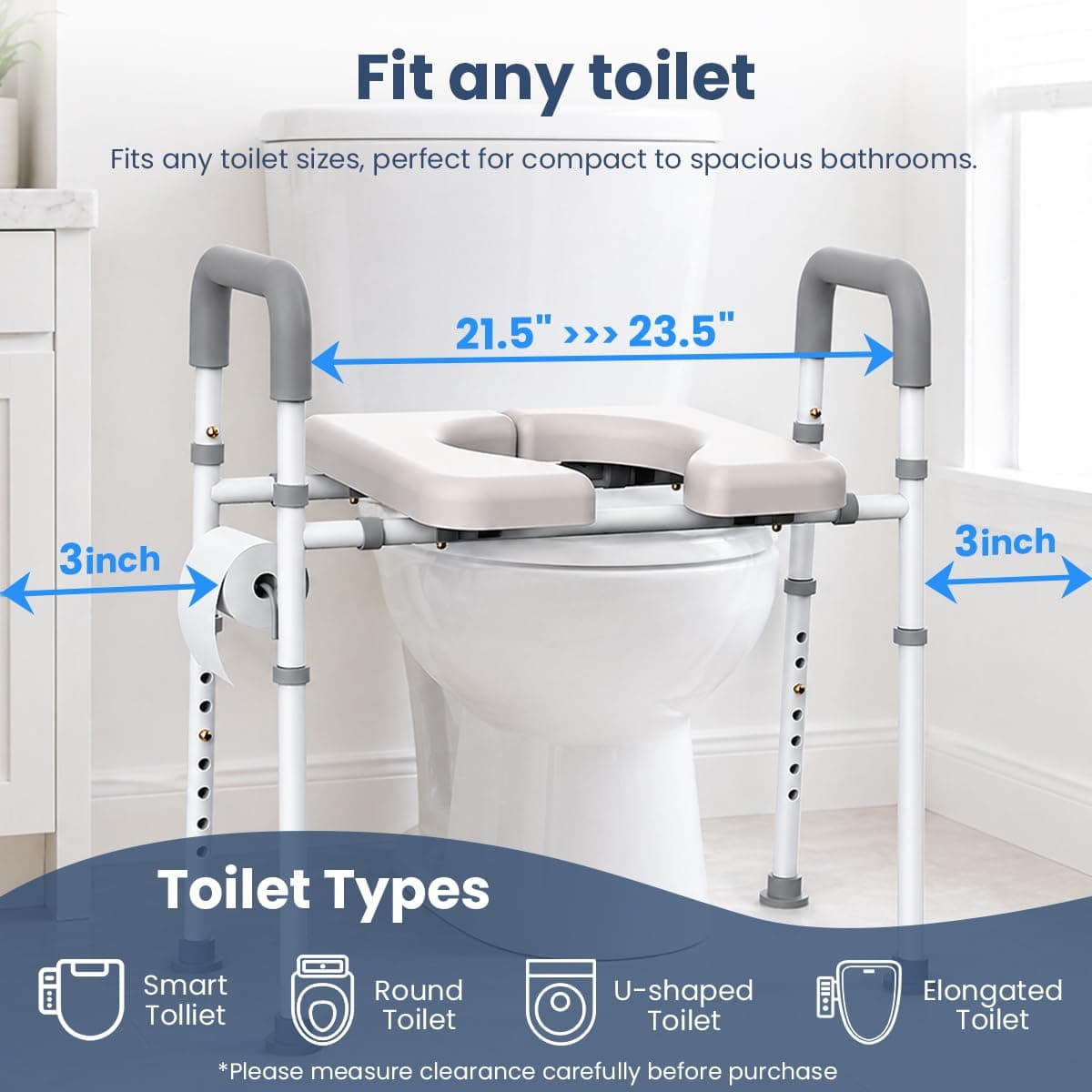 Raised Toilet Seat with Handles - Toilet Seat Riser for Seniors with Adjustable Width & Height, 400 lbs Elevated Toilet Seat Riser for Handicap, Disabled and Pregnant, Fit Any Toilet-Grey thumbnail 3