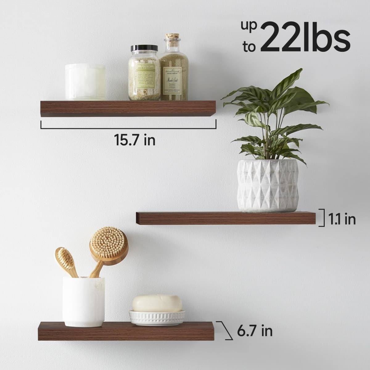 BAYKA Floating Shelves for Wall, Wall Mounted Rustic Wood Shelves for Bathroom, Bedroom, Living Room, Kitchen,Small Hanging Shelf for Books/Storage/Room Decor (Walnut-Like, Set of 3, 15.7in) thumbnail 5