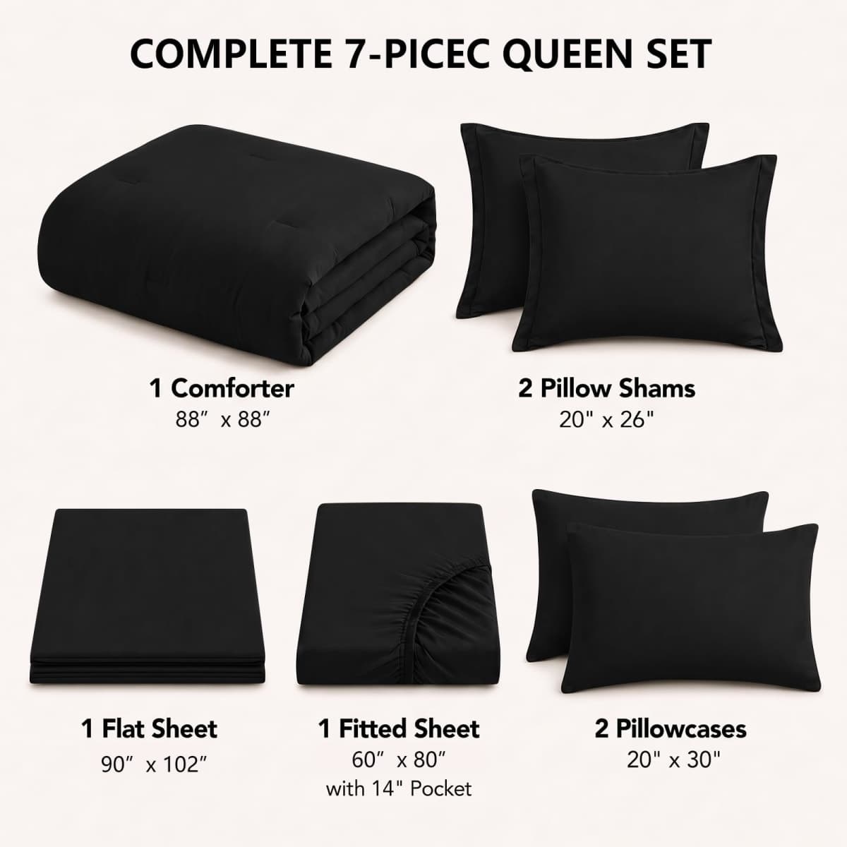 HIMEET Queen Comforter Set, 7-Piece Point-Quilted Bed in a Bag Black thumbnail 2