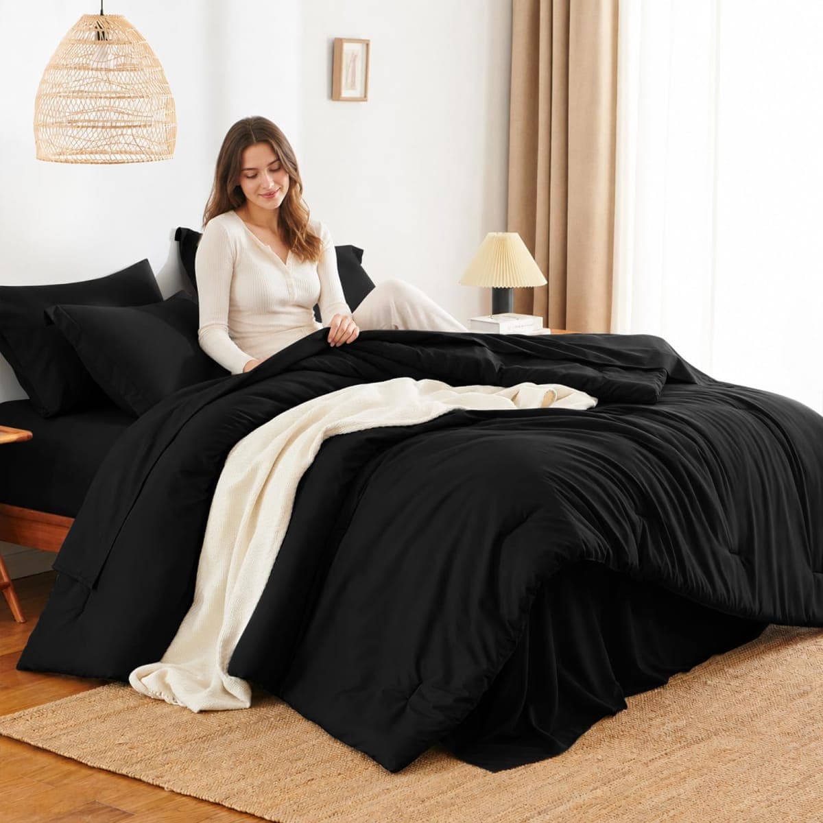 HIMEET Queen Comforter Set, 7-Piece Point-Quilted Bed in a Bag Black thumbnail 5