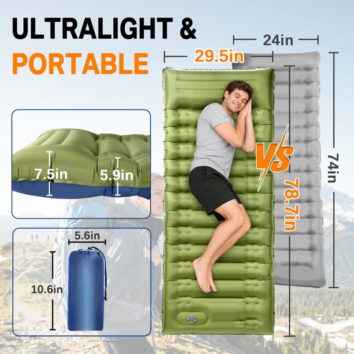 NINTYNINE 5.9” Extra Thick Camping Mat with Pillow, Ultralight Built-in Foot Pump Inflatable Sleeping Mat for Backpacking, Hiking, Car Traveling, Beach, Ten thumbnail 3