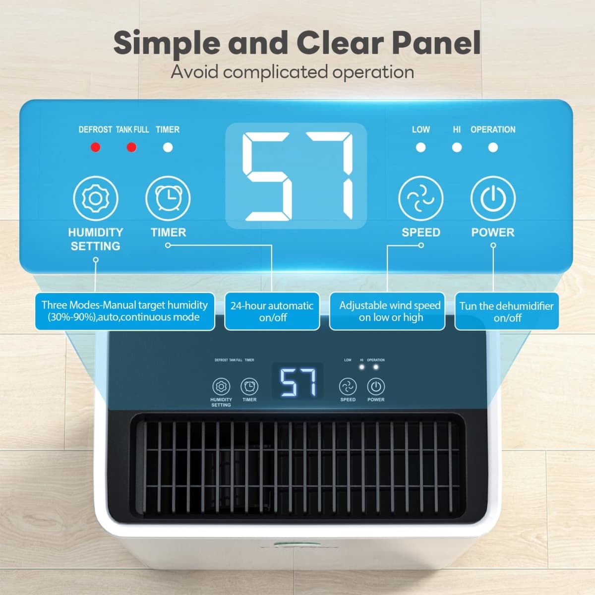 FreAire 2500Sq.Ft Dehumidifier, 34Pint Dehumidifiers for Home, Quiet Dehumidifier for Basement, Bedroom, Bathroom, with 6.56FT Drain Hose, 0.66Gal Water Tank, 3-Color Humidity Light thumbnail 5