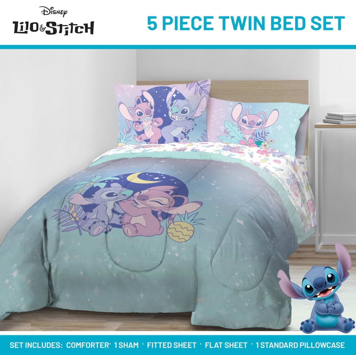 Jay Franco Disney Lilo and Stitch Twin Size Comforter Set - 5 Piece Floral Bedding Includes Sheet Set & Pillow Covers Features Angel - Super Soft Purple & Teal Stars Kids Bedding thumbnail 2