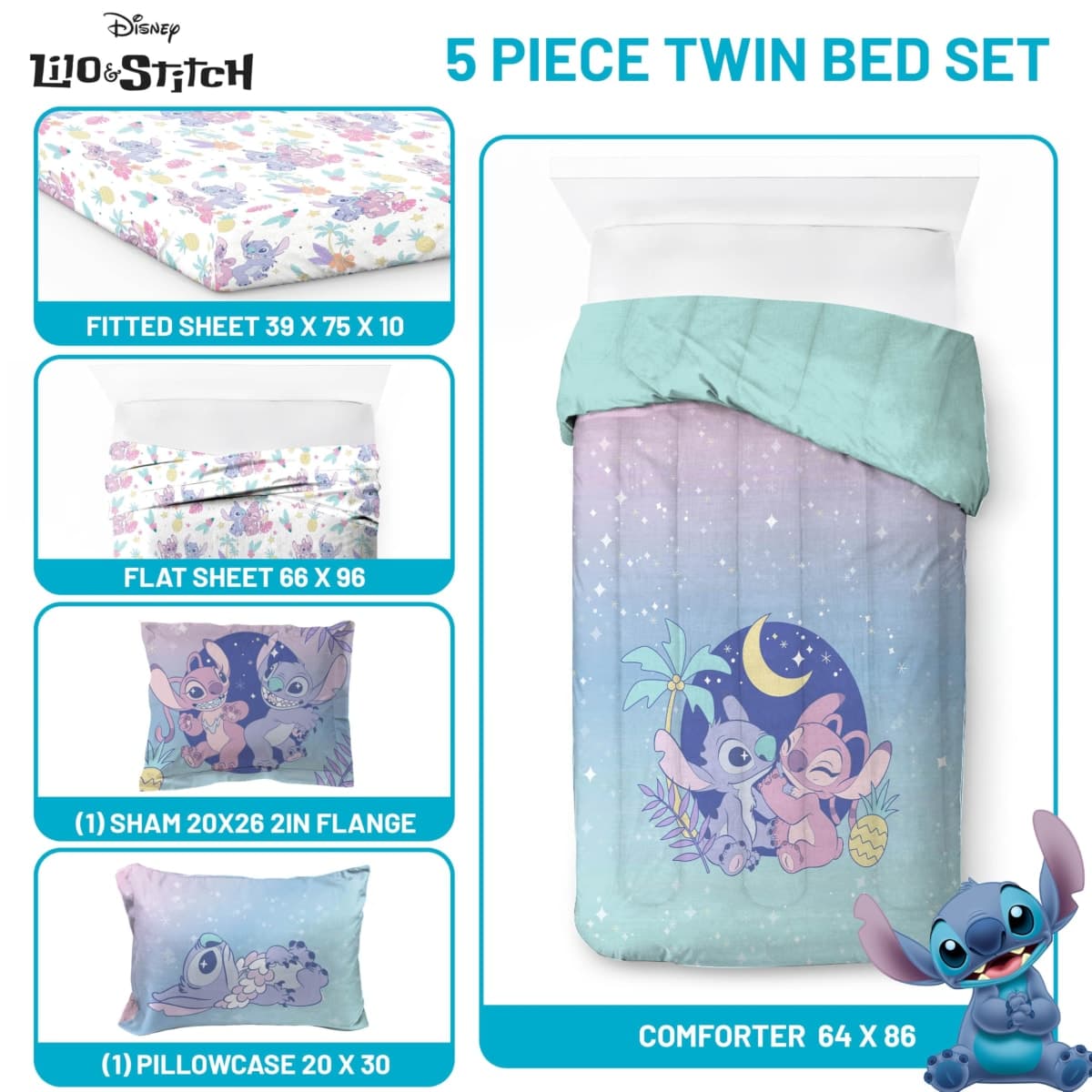 Jay Franco Disney Lilo and Stitch Twin Size Comforter Set - 5 Piece Floral Bedding Includes Sheet Set & Pillow Covers Features Angel - Super Soft Purple & Teal Stars Kids Bedding thumbnail 3