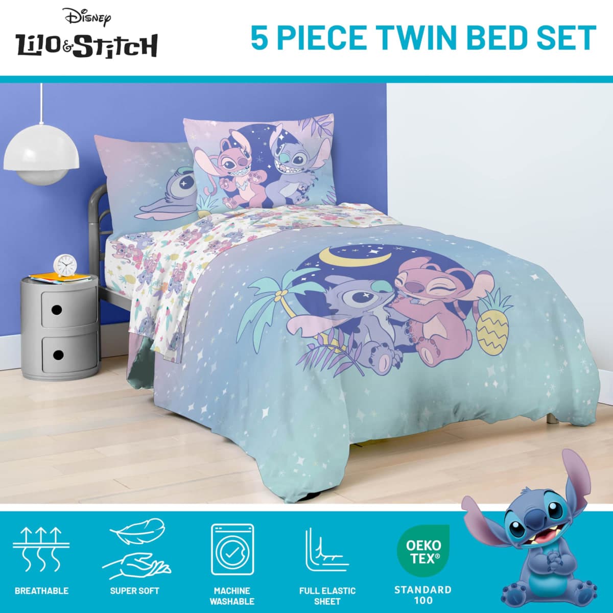 Jay Franco Disney Lilo and Stitch Twin Size Comforter Set - 5 Piece Floral Bedding Includes Sheet Set & Pillow Covers Features Angel - Super Soft Purple & Teal Stars Kids Bedding thumbnail 4