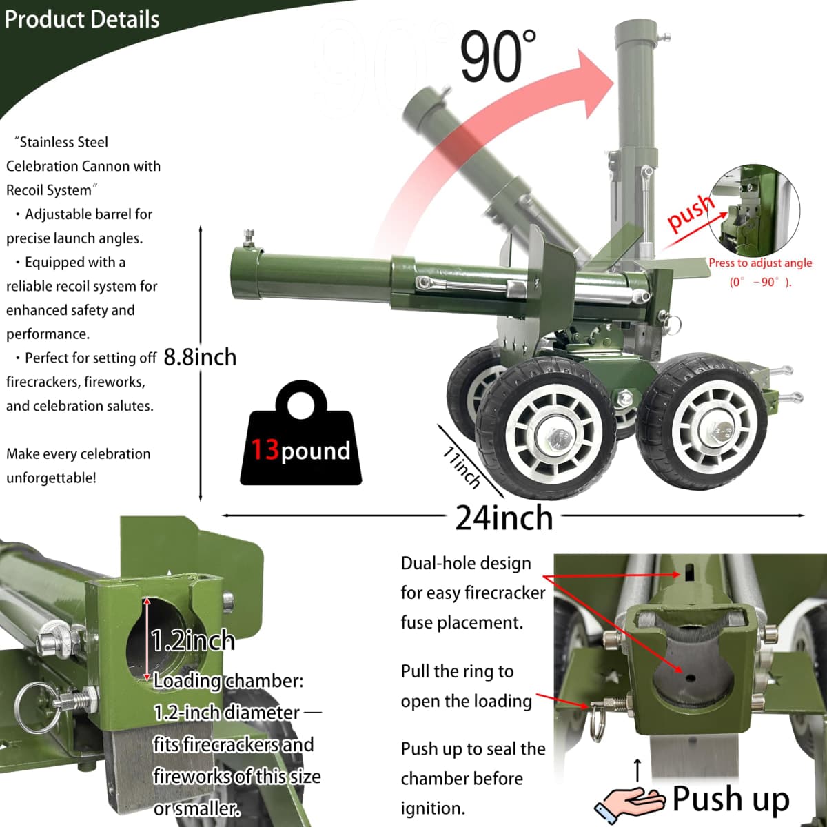 TIETHEKNOT Stainless Steel Mini Cannon Model 24 Inches 13 lbs – A Colossal Firecracker Launcher with Adjustable Angle, Perfect for Celebrations, Outdoor Display, and Collectors’ Showcase thumbnail 2