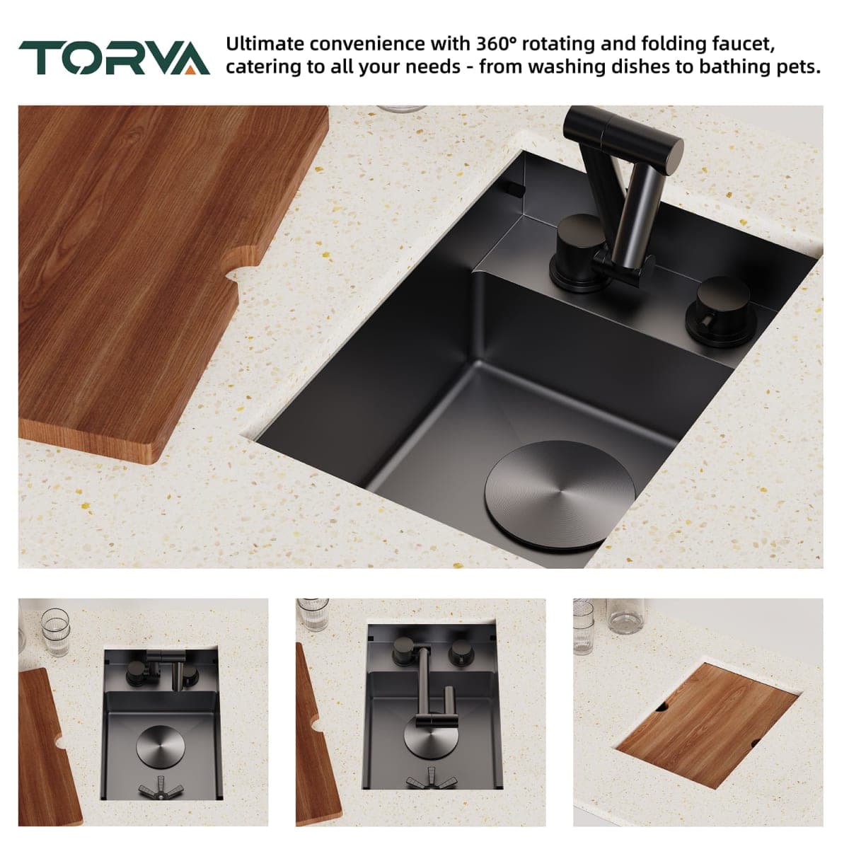 TORVA RV Kitchen Sink, 12 x 17 x 7 Inch Undermount Bar Sink 16 Gauge Stainless Steel Single Bowl Sink with Foldable Faucet Cutting Board, 30.5 x 43.2 x 17.8cm, Grey thumbnail 4