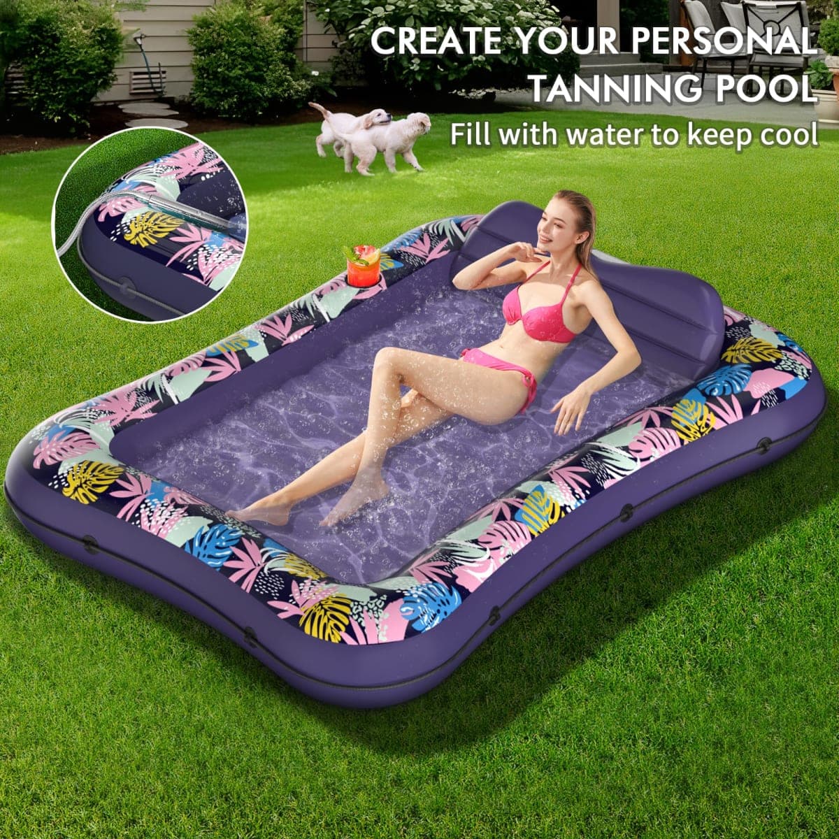 Tanning Pool Floaties for Adults, OKSUWATER Inflatable Tanning Pool Lounge Float with Removable Headrest & Drink Holder, Blow-Up Bed Sun Tan Tub for River & Lake Suntan Swimming Mattress（Purple-L） thumbnail 2