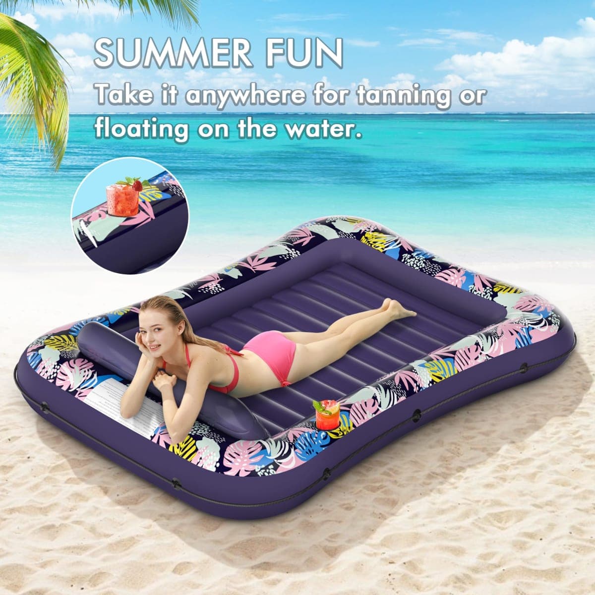 Tanning Pool Floaties for Adults, OKSUWATER Inflatable Tanning Pool Lounge Float with Removable Headrest & Drink Holder, Blow-Up Bed Sun Tan Tub for River & Lake Suntan Swimming Mattress（Purple-L） thumbnail 3