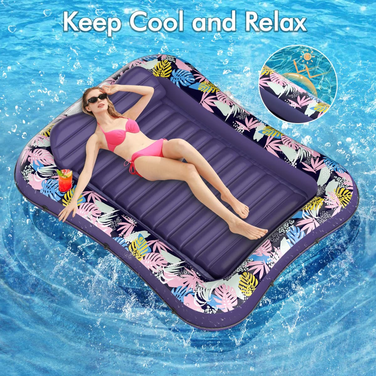 Tanning Pool Floaties for Adults, OKSUWATER Inflatable Tanning Pool Lounge Float with Removable Headrest & Drink Holder, Blow-Up Bed Sun Tan Tub for River & Lake Suntan Swimming Mattress（Purple-L） thumbnail 4