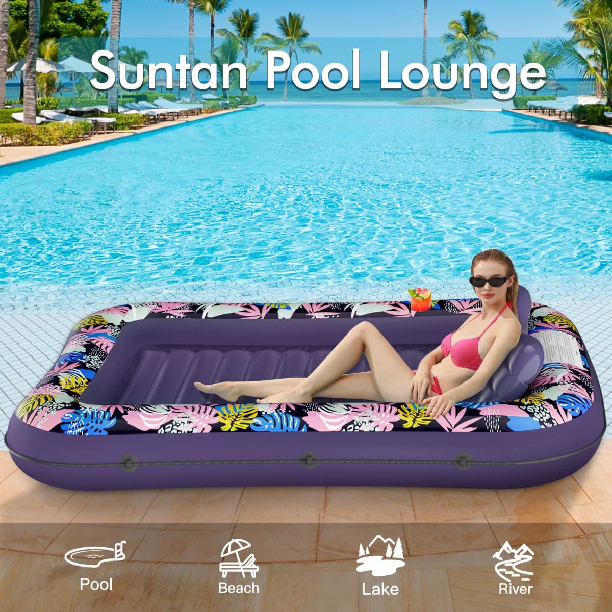 Tanning Pool Floaties for Adults, OKSUWATER Inflatable Tanning Pool Lounge Float with Removable Headrest & Drink Holder, Blow-Up Bed Sun Tan Tub for River & Lake Suntan Swimming Mattress（Purple-L） thumbnail 5