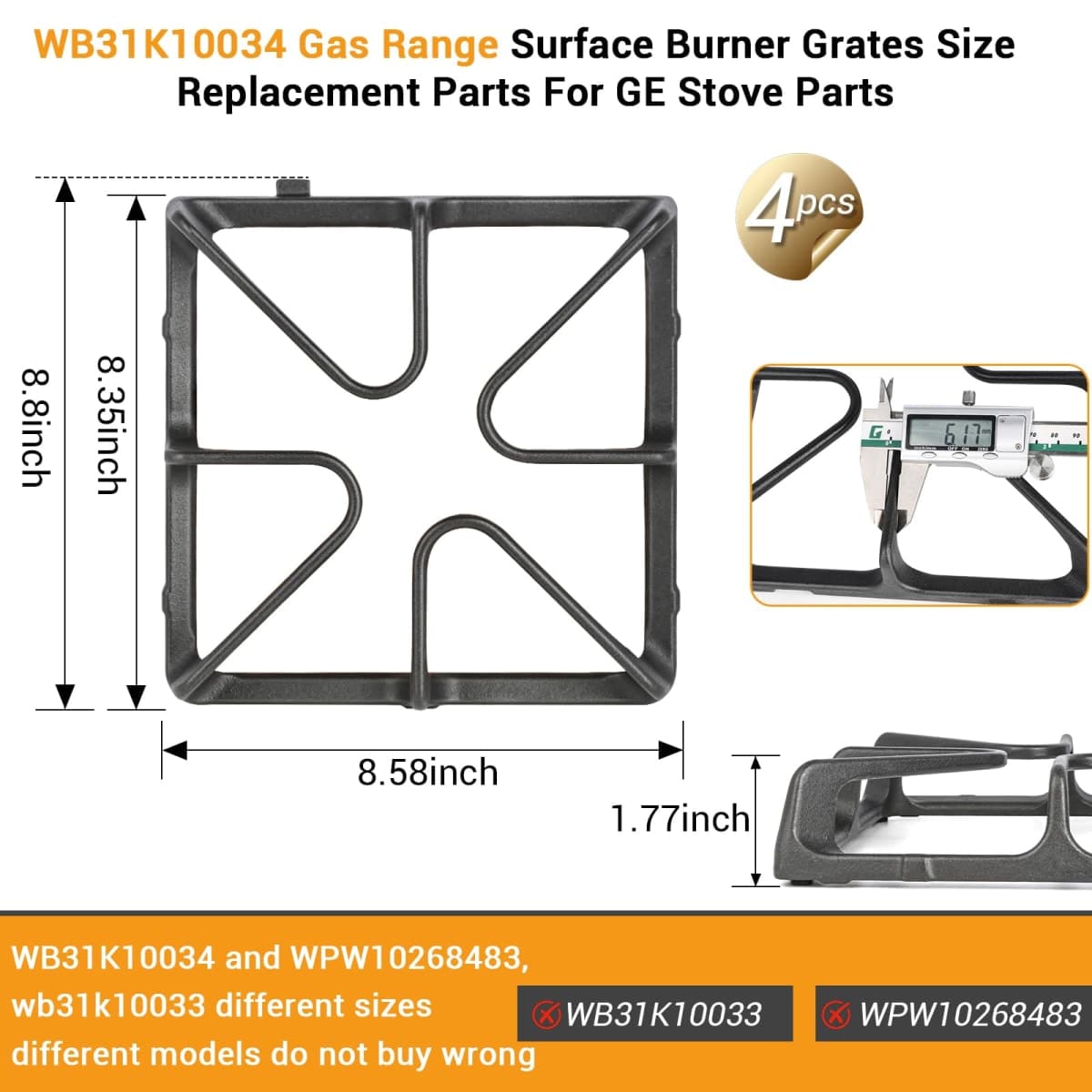 Upgraded WB31K10034 Stove Burner Replacement for GE Gas Range Oven StoveTop Surface Grate JGBP29MEM1BS, WB31K10065,Cast Iron Stove Grate Rack for General Electric Stove Accessories 4Pcs thumbnail 2