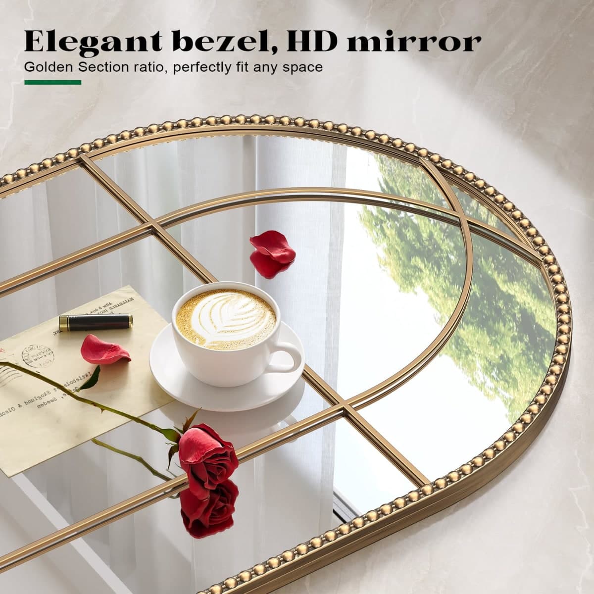 Wiserset Gold Arched Window Beaded Mirror, 24" x 36" Arched Champagne Bronze Brass Mirror with Metal Frame, Vintage Antique Mirrors, Decorative Wall Mirror for Living Room, Bedroom, Entryway thumbnail 3