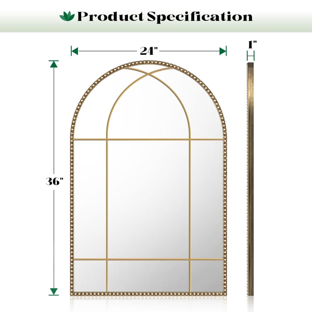 Wiserset Gold Arched Window Beaded Mirror, 24" x 36" Arched Champagne Bronze Brass Mirror with Metal Frame, Vintage Antique Mirrors, Decorative Wall Mirror for Living Room, Bedroom, Entryway thumbnail 4