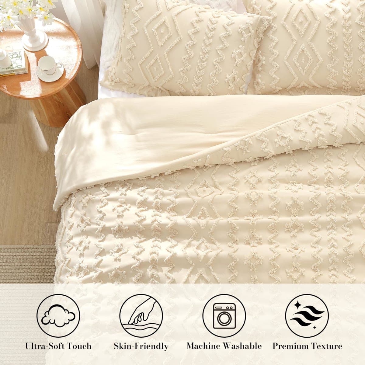 Amélie Home Tufted Boho Comforter Set Braided Cable Design King Size, 3 Piece Beige Boho Bedding Set, Rustic Farmhouse Luxury Gift for Women Home Hotel Decor, Soft Cozy Duvet for All Seaseons thumbnail 2