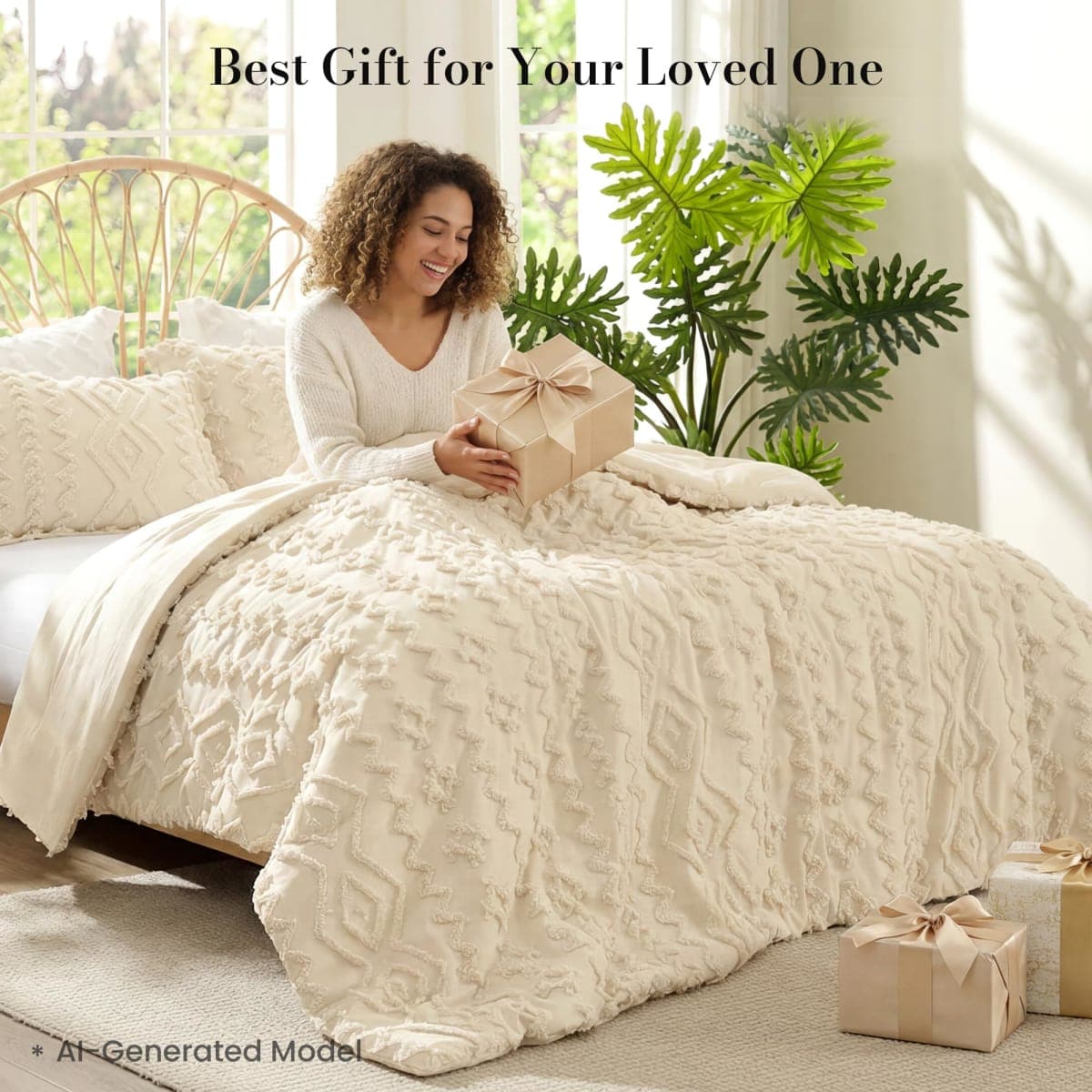 Amélie Home Tufted Boho Comforter Set Braided Cable Design King Size, 3 Piece Beige Boho Bedding Set, Rustic Farmhouse Luxury Gift for Women Home Hotel Decor, Soft Cozy Duvet for All Seaseons thumbnail 3