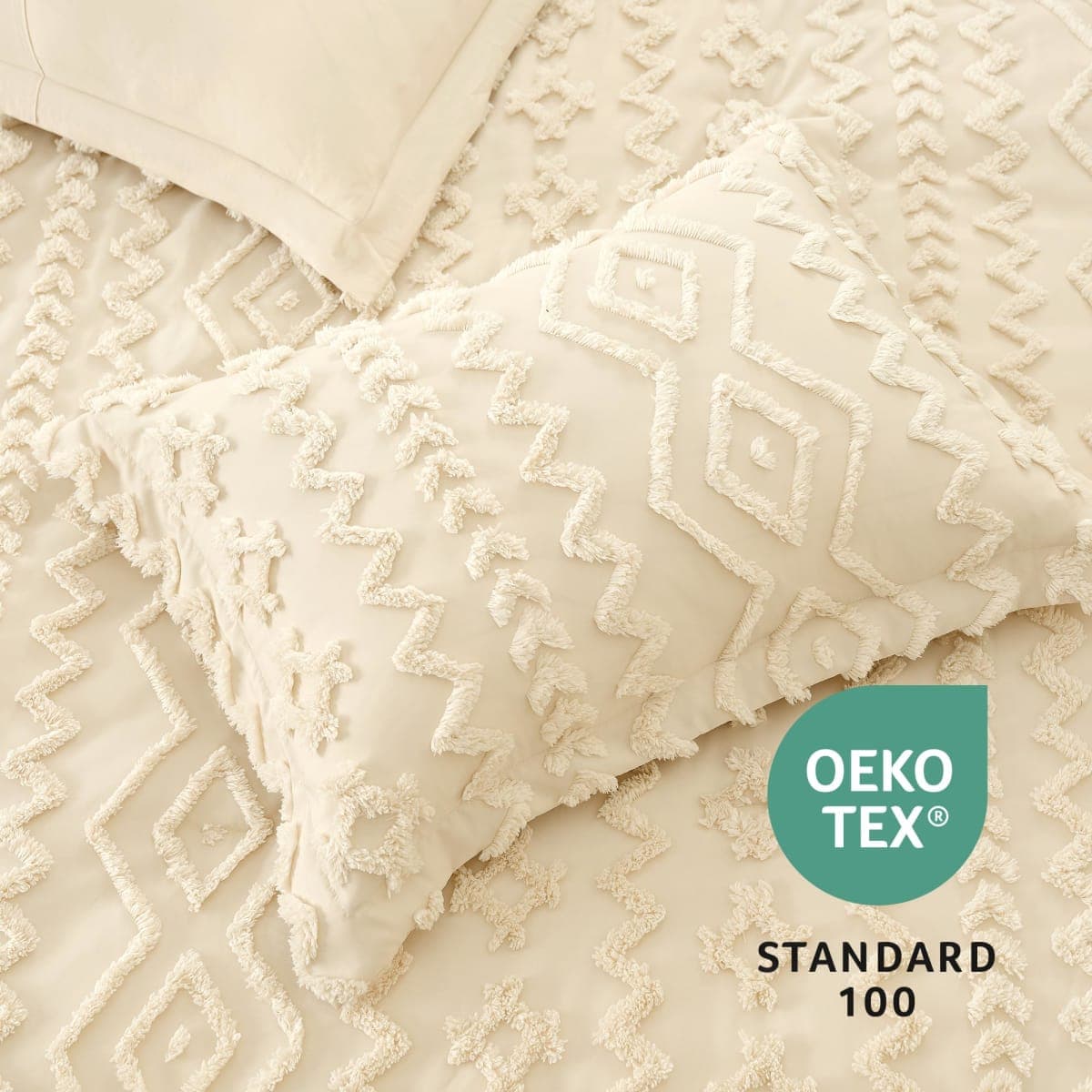 Amélie Home Tufted Boho Comforter Set Braided Cable Design King Size, 3 Piece Beige Boho Bedding Set, Rustic Farmhouse Luxury Gift for Women Home Hotel Decor, Soft Cozy Duvet for All Seaseons thumbnail 4