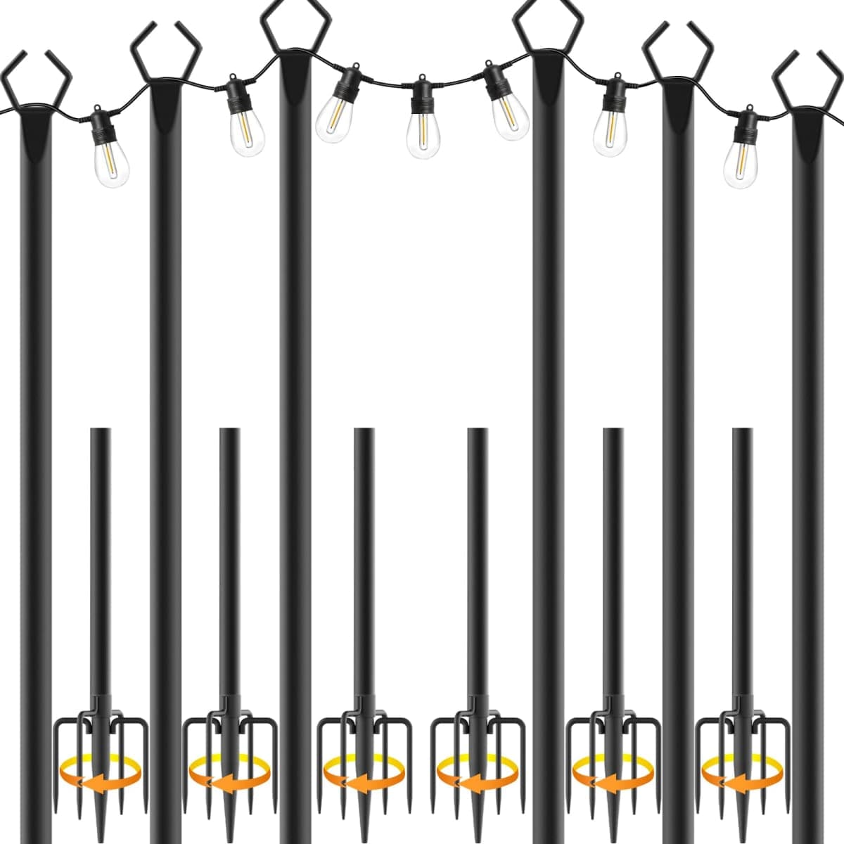 6 Pack 10 ft Heavy Duty Metal String Light Poles Adjustable Outdoor Lighting Stand for Patio,Backyard,Garden,Party & Wedding Rustproof & Sturdy with Hooks (6 Pack)