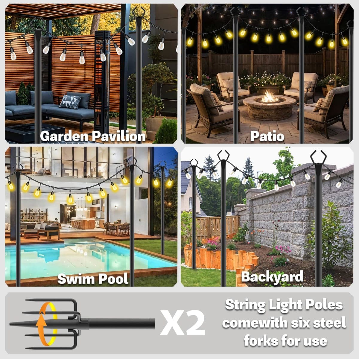 6 Pack 10 ft Heavy Duty Metal String Light Poles Adjustable Outdoor Lighting Stand for Patio,Backyard,Garden,Party & Wedding Rustproof & Sturdy with Hooks (6 Pack) thumbnail 2