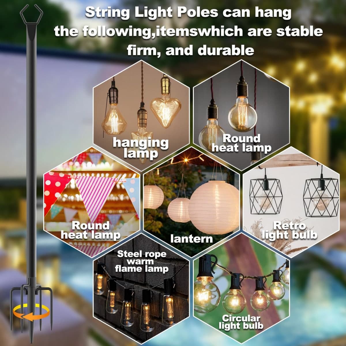 6 Pack 10 ft Heavy Duty Metal String Light Poles Adjustable Outdoor Lighting Stand for Patio,Backyard,Garden,Party & Wedding Rustproof & Sturdy with Hooks (6 Pack) thumbnail 3
