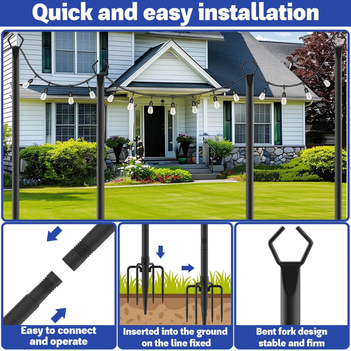 6 Pack 10 ft Heavy Duty Metal String Light Poles Adjustable Outdoor Lighting Stand for Patio,Backyard,Garden,Party & Wedding Rustproof & Sturdy with Hooks (6 Pack) thumbnail 5