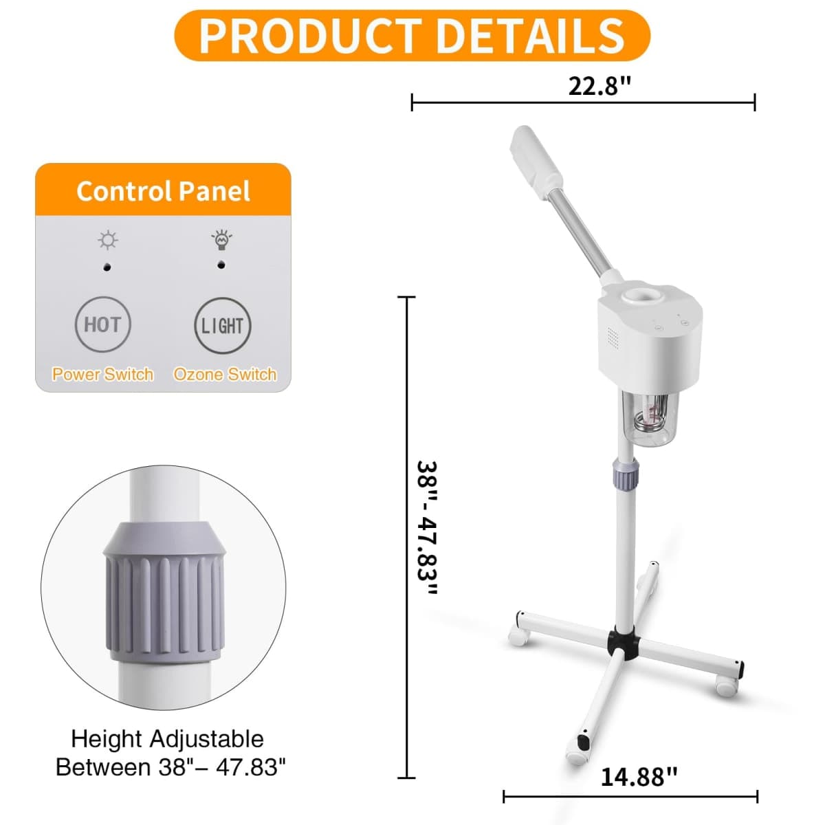 Professional Facial Steamer, Hot Mist Spray, Facial Steamer for Beautician, Height Adjustable, Spa Home White thumbnail 2