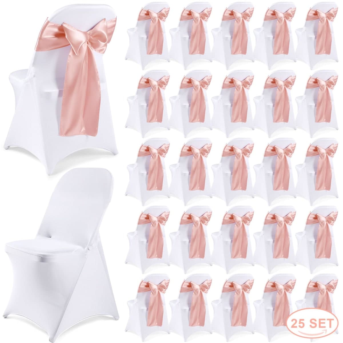 Lounsweer 50 Pcs Folding Chair Cover Set with 25 Stretch Spandex Slipcovers 25 Satin Chair Sashes Bows Ribbon Washable Banquet Protector for Wedding Event Party(White, Rose Gold) — image 1