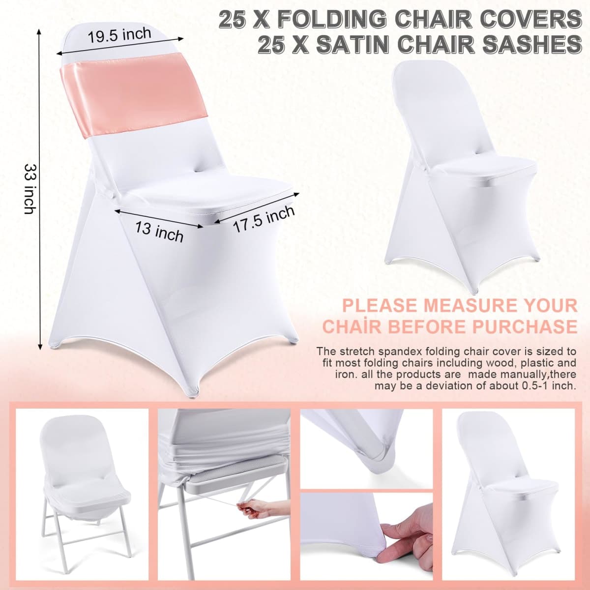 Lounsweer 50 Pcs Folding Chair Cover Set with 25 Stretch Spandex Slipcovers 25 Satin Chair Sashes Bows Ribbon Washable Banquet Protector for Wedding Event Party(White, Rose Gold) thumbnail 2