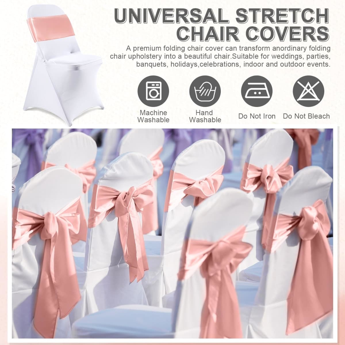 Lounsweer 50 Pcs Folding Chair Cover Set with 25 Stretch Spandex Slipcovers 25 Satin Chair Sashes Bows Ribbon Washable Banquet Protector for Wedding Event Party(White, Rose Gold) thumbnail 5