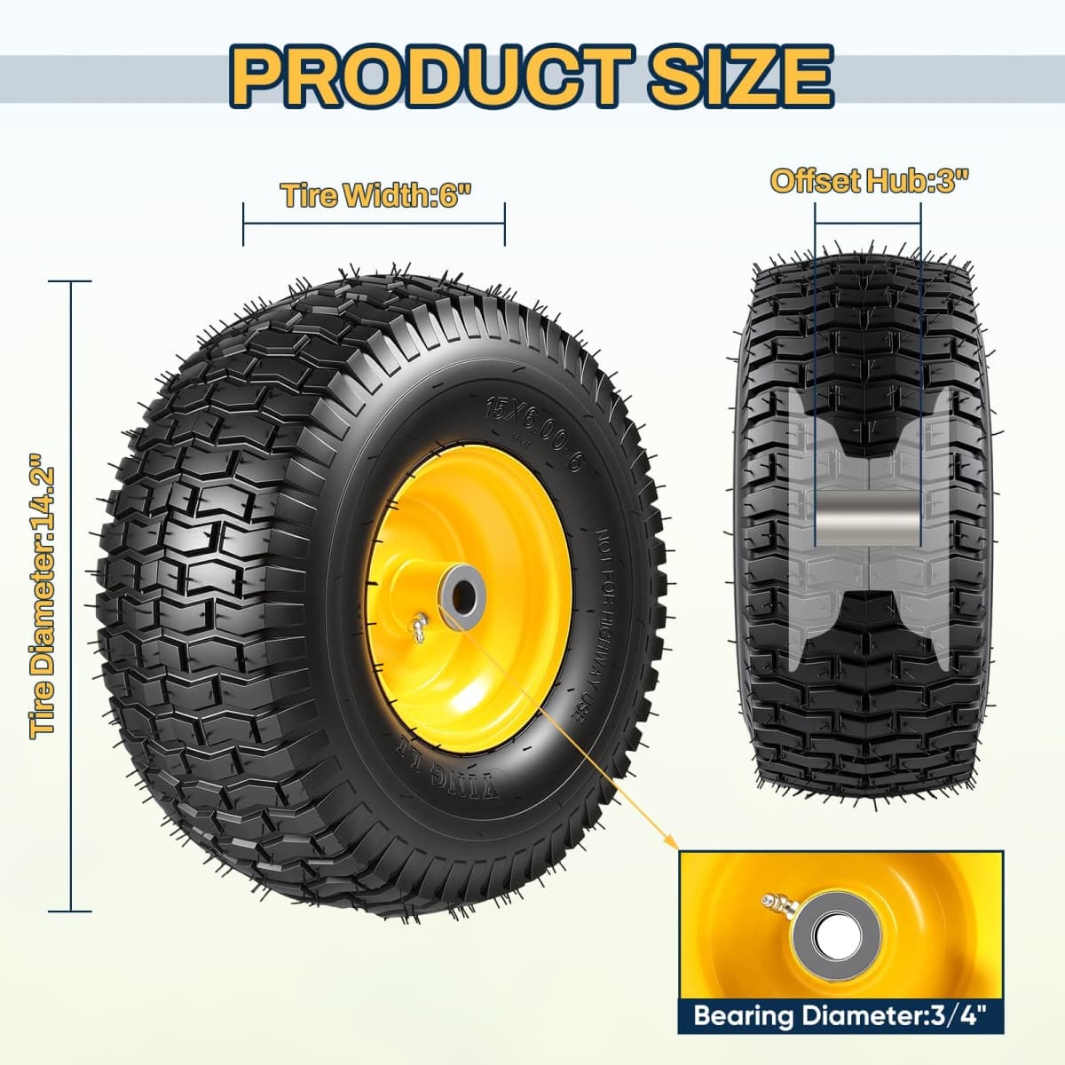 2PCS 15x6.00-6 Tire and Wheel Assembly, Replacement for John Deere Craftsman Husqvarna Riding Mowers, 4 Ply Tubeless Lawn Mower Tires 15x6x6, 500lbs Capacity, 3" Offset Hub, 3/4" Bushing thumbnail 2