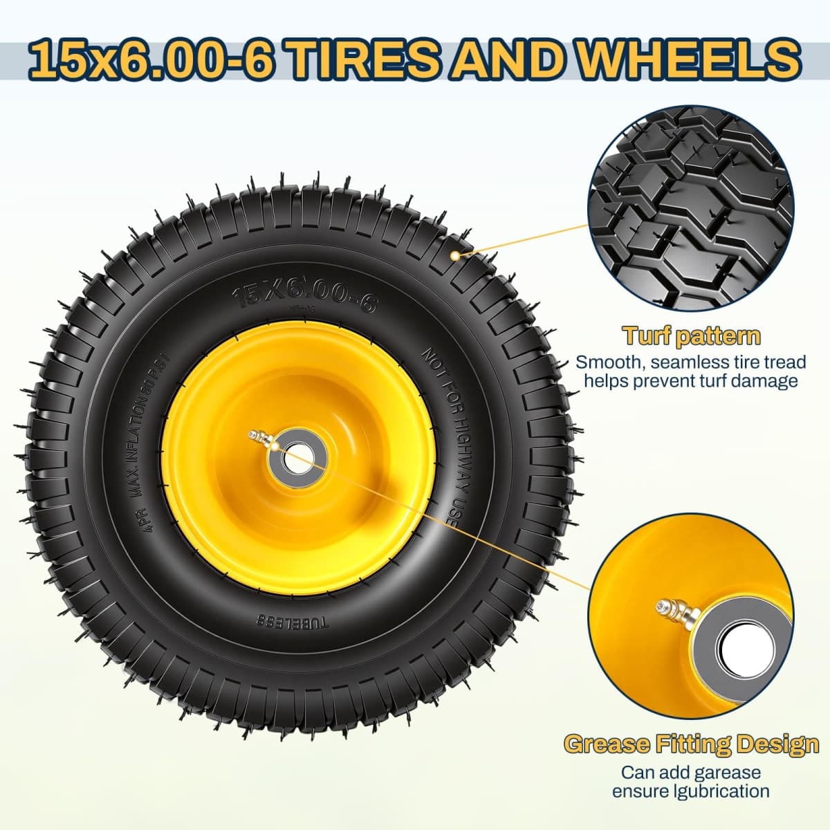 2PCS 15x6.00-6 Tire and Wheel Assembly, Replacement for John Deere Craftsman Husqvarna Riding Mowers, 4 Ply Tubeless Lawn Mower Tires 15x6x6, 500lbs Capacity, 3" Offset Hub, 3/4" Bushing thumbnail 3