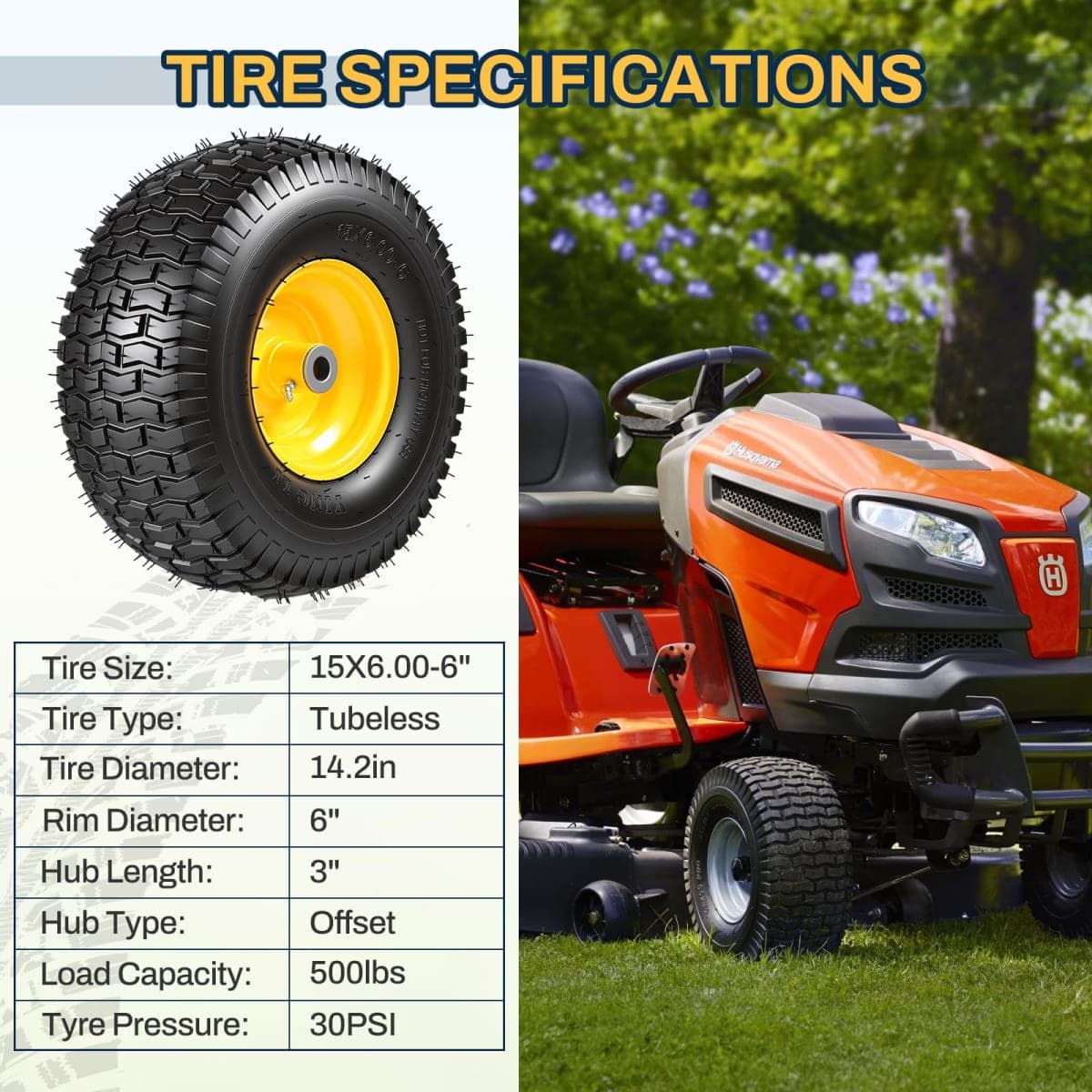 2PCS 15x6.00-6 Tire and Wheel Assembly, Replacement for John Deere Craftsman Husqvarna Riding Mowers, 4 Ply Tubeless Lawn Mower Tires 15x6x6, 500lbs Capacity, 3" Offset Hub, 3/4" Bushing thumbnail 4