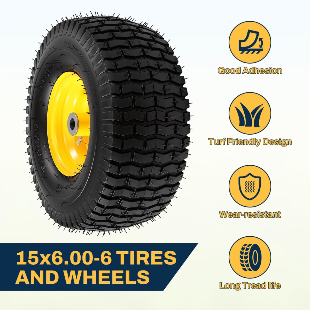 2PCS 15x6.00-6 Tire and Wheel Assembly, Replacement for John Deere Craftsman Husqvarna Riding Mowers, 4 Ply Tubeless Lawn Mower Tires 15x6x6, 500lbs Capacity, 3" Offset Hub, 3/4" Bushing thumbnail 5