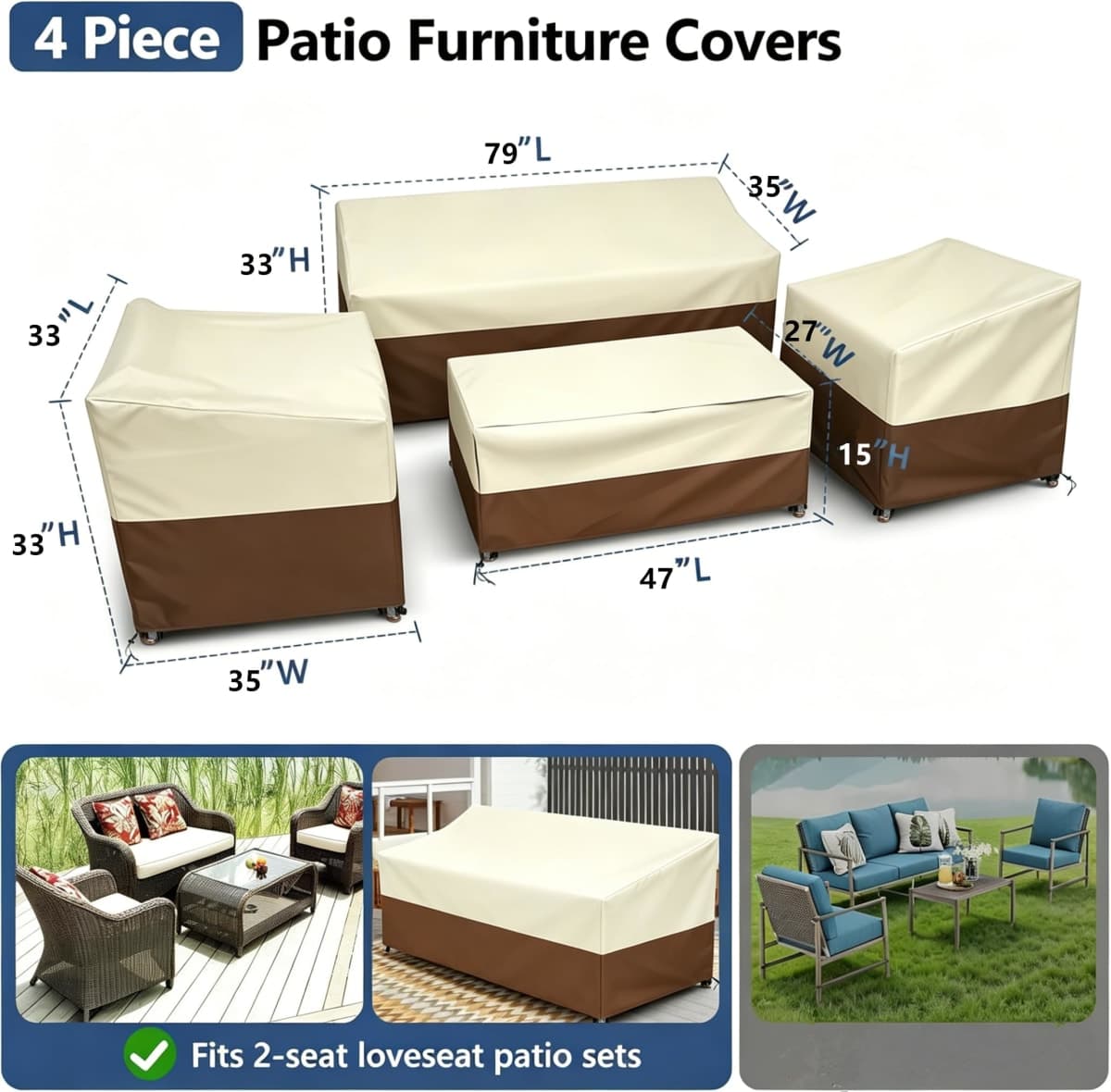 STARTWO Outdoor Furniture Cover Waterproof, 600D Heavy Duty, 4 Piece Patio Furniture Set Cover for Outside Couch, Lawn Chairs, Coffee Table, Windproof with Buckle Strap, Beige thumbnail 2