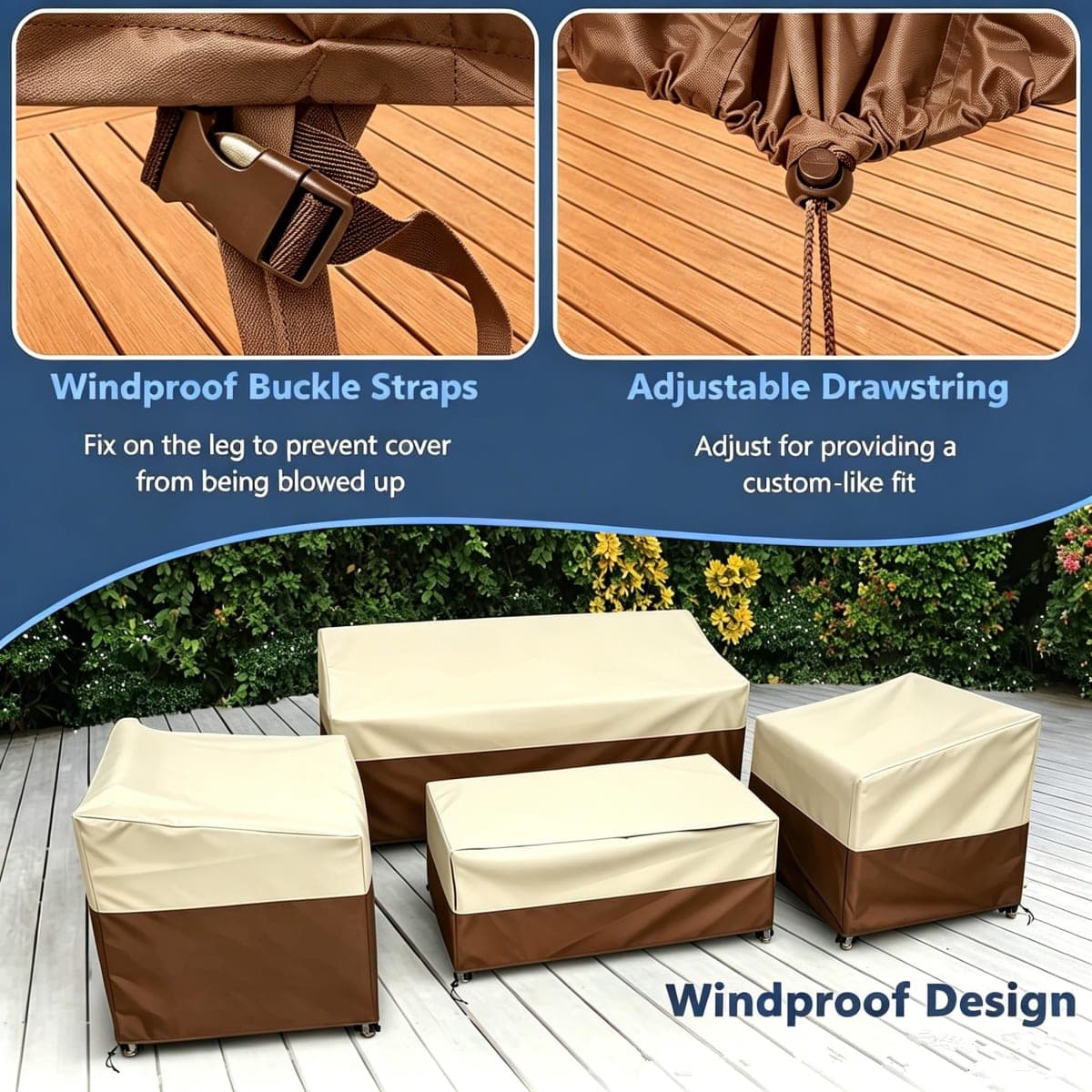 STARTWO Outdoor Furniture Cover Waterproof, 600D Heavy Duty, 4 Piece Patio Furniture Set Cover for Outside Couch, Lawn Chairs, Coffee Table, Windproof with Buckle Strap, Beige thumbnail 3
