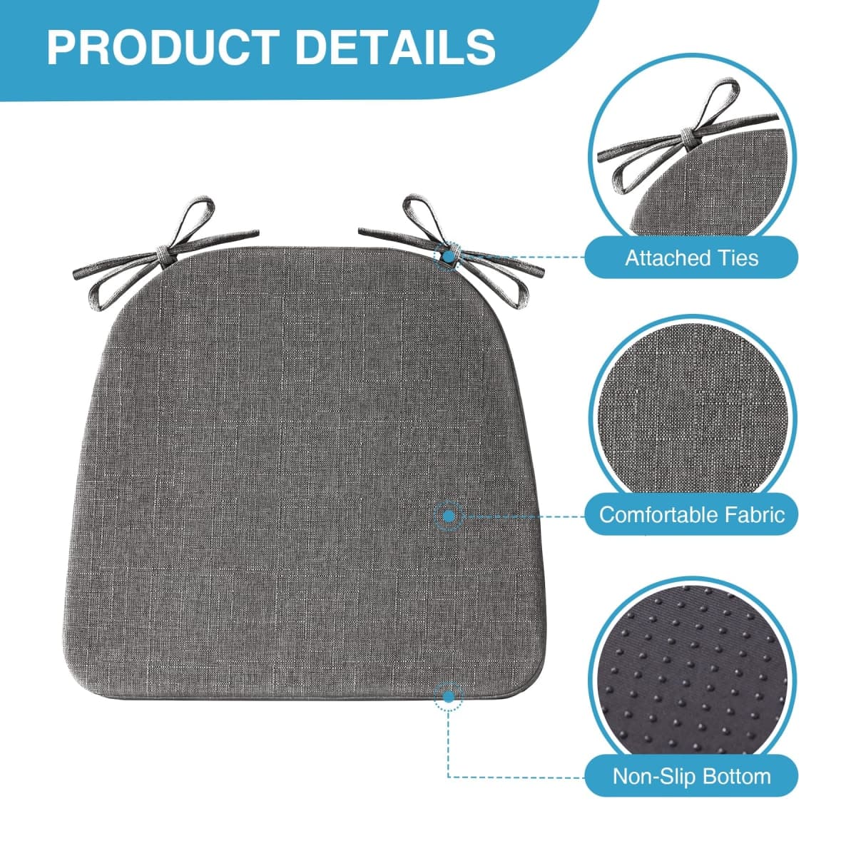 IASEAHK Chair Cushions for Dining Chairs Set of 4, Non Slip Kitchen Chair Pads, 17" x 16" x 2", Indoor Dining Chair Cushions with Ties, D-Shaped Seat Cushions for Kitchen Chairs, Dark Grey thumbnail 2