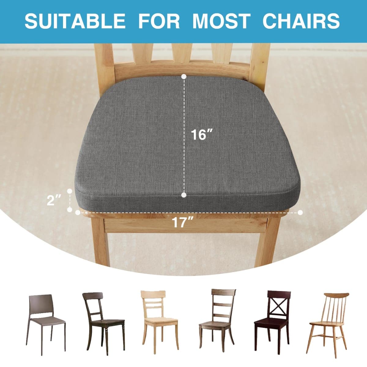 IASEAHK Chair Cushions for Dining Chairs Set of 4, Non Slip Kitchen Chair Pads, 17" x 16" x 2", Indoor Dining Chair Cushions with Ties, D-Shaped Seat Cushions for Kitchen Chairs, Dark Grey thumbnail 4