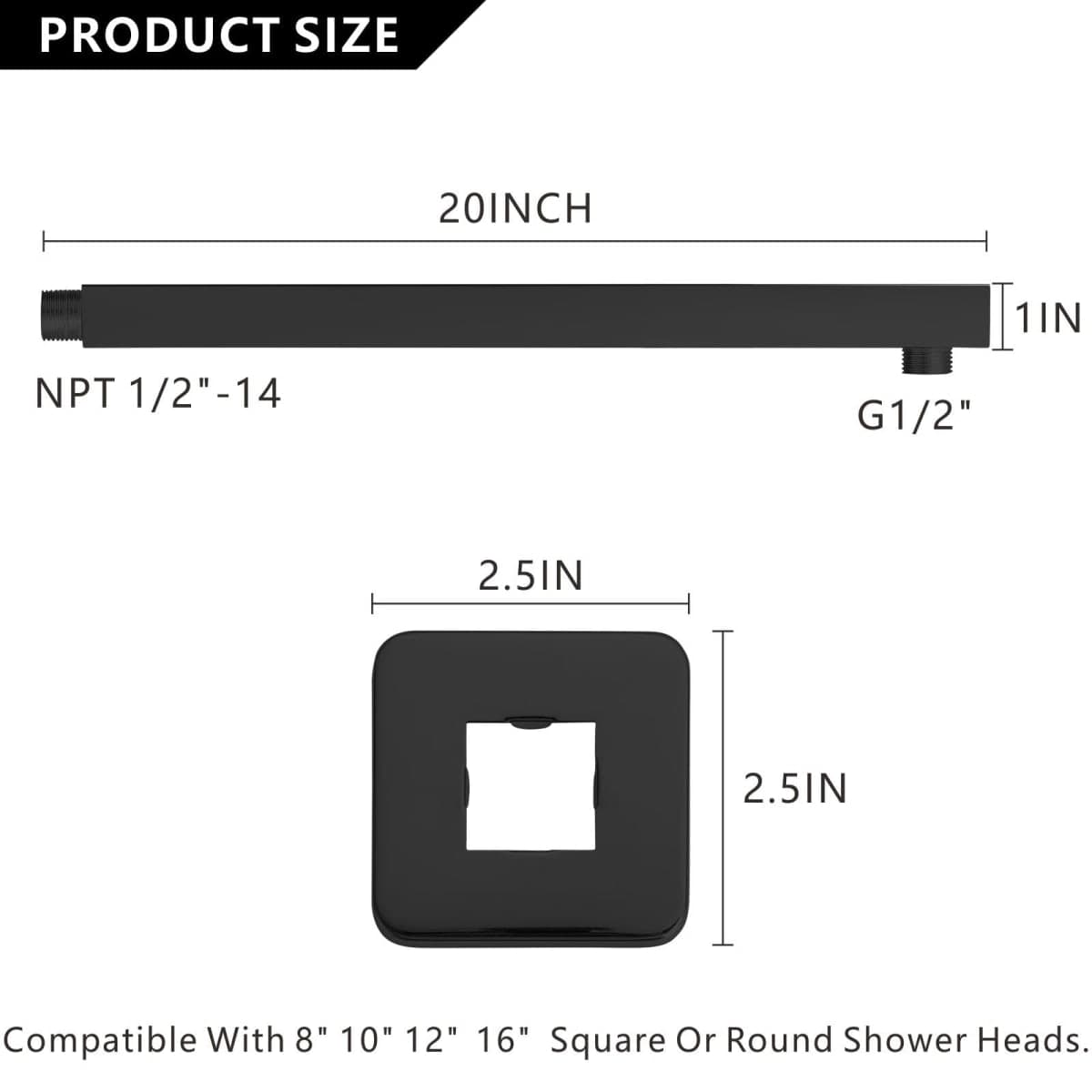 Voolan 20" Square Shower Arm with Flange and Teflon Tape, Extension Shower Head Arm for Bathroom Fixed Shower Head, Solid Stainless Steel, Wall Mounted (Matte Black) thumbnail 3
