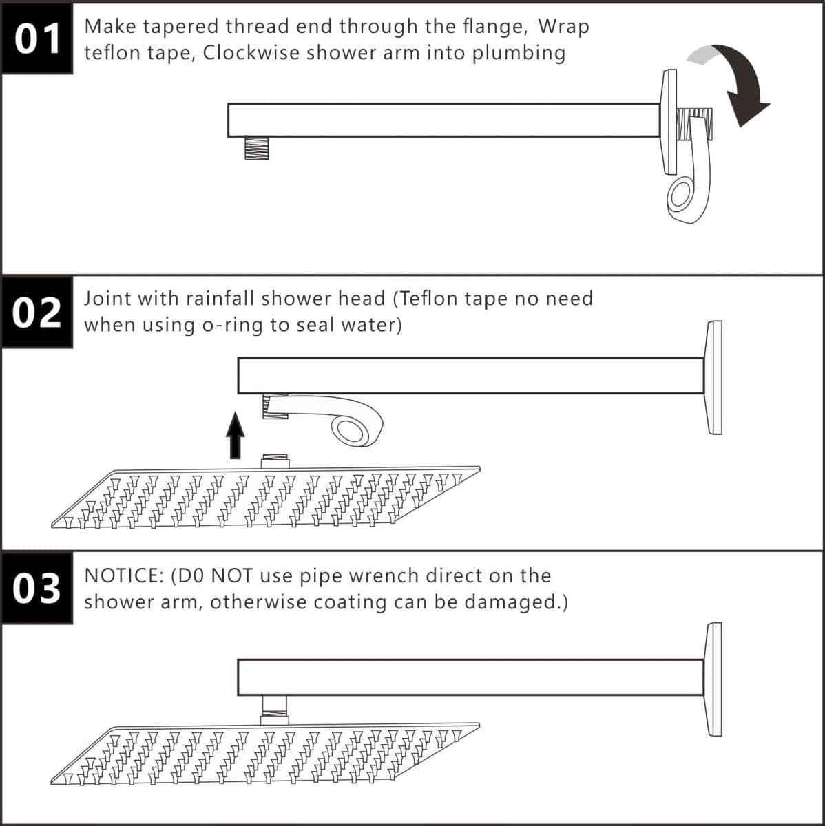 Voolan 20" Square Shower Arm with Flange and Teflon Tape, Extension Shower Head Arm for Bathroom Fixed Shower Head, Solid Stainless Steel, Wall Mounted (Matte Black) thumbnail 5