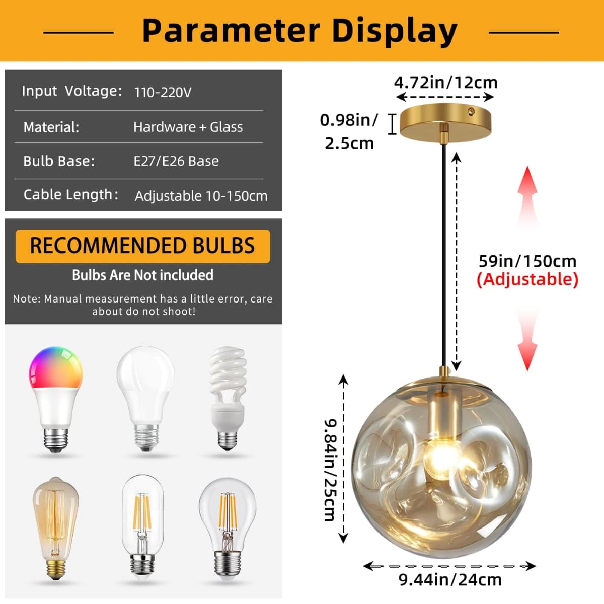 Modern Amber Concave Glass Pendant Light, Kitchen Island Lighting Single Globe Pendant Light Fixtures Century Kitchen Island Pendant Lighting for Bedroom Living Dining Room Light （Without Bulb） thumbnail 2