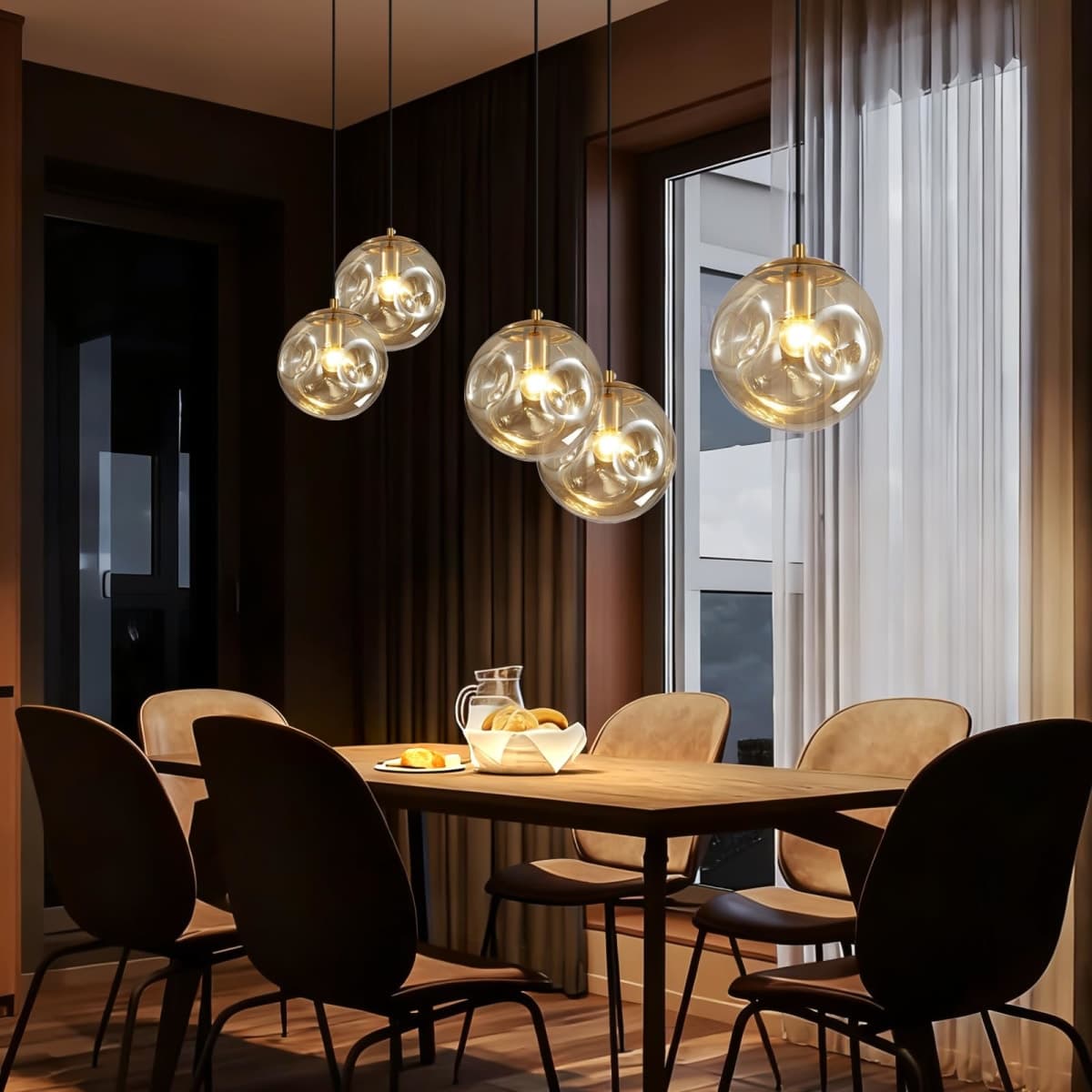 Modern Amber Concave Glass Pendant Light, Kitchen Island Lighting Single Globe Pendant Light Fixtures Century Kitchen Island Pendant Lighting for Bedroom Living Dining Room Light （Without Bulb） thumbnail 3