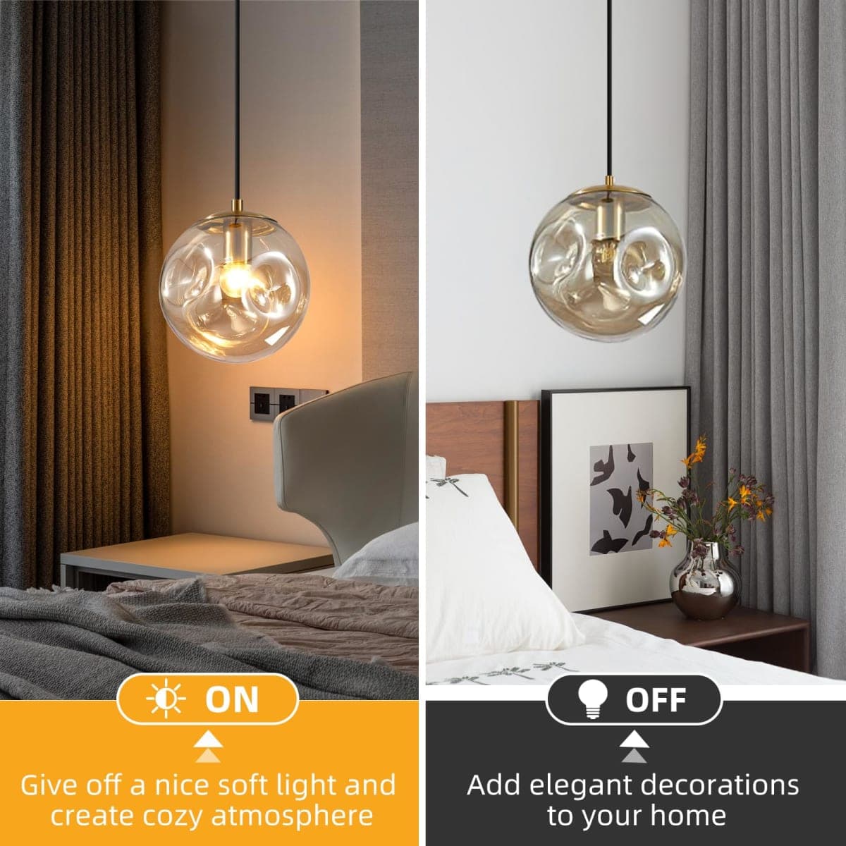 Modern Amber Concave Glass Pendant Light, Kitchen Island Lighting Single Globe Pendant Light Fixtures Century Kitchen Island Pendant Lighting for Bedroom Living Dining Room Light （Without Bulb） thumbnail 4