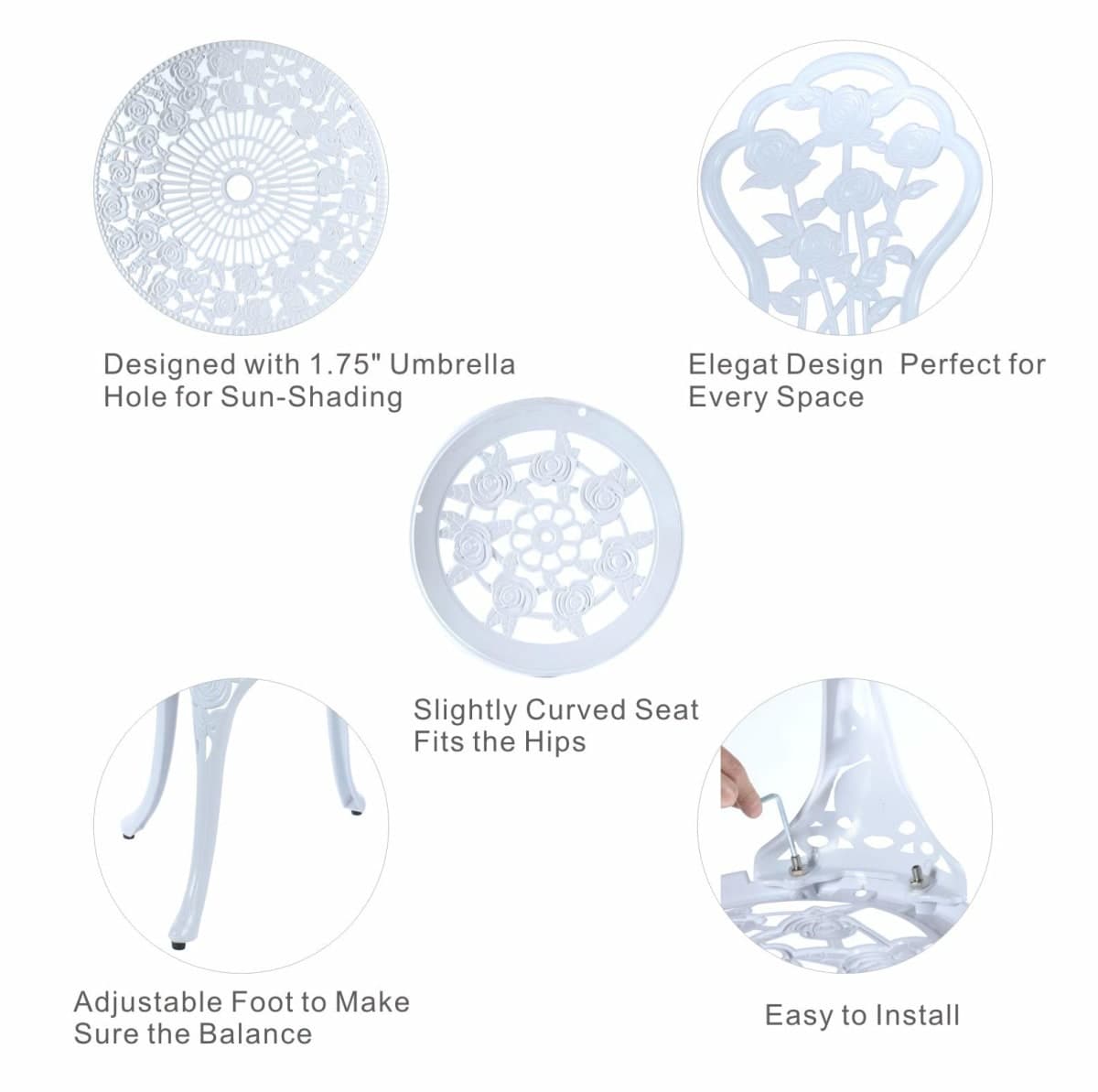 C/G 3-Piece Bistro Set - Outdoor Patio Table Set, Anti-Rust Cast Aluminum, White thumbnail 5