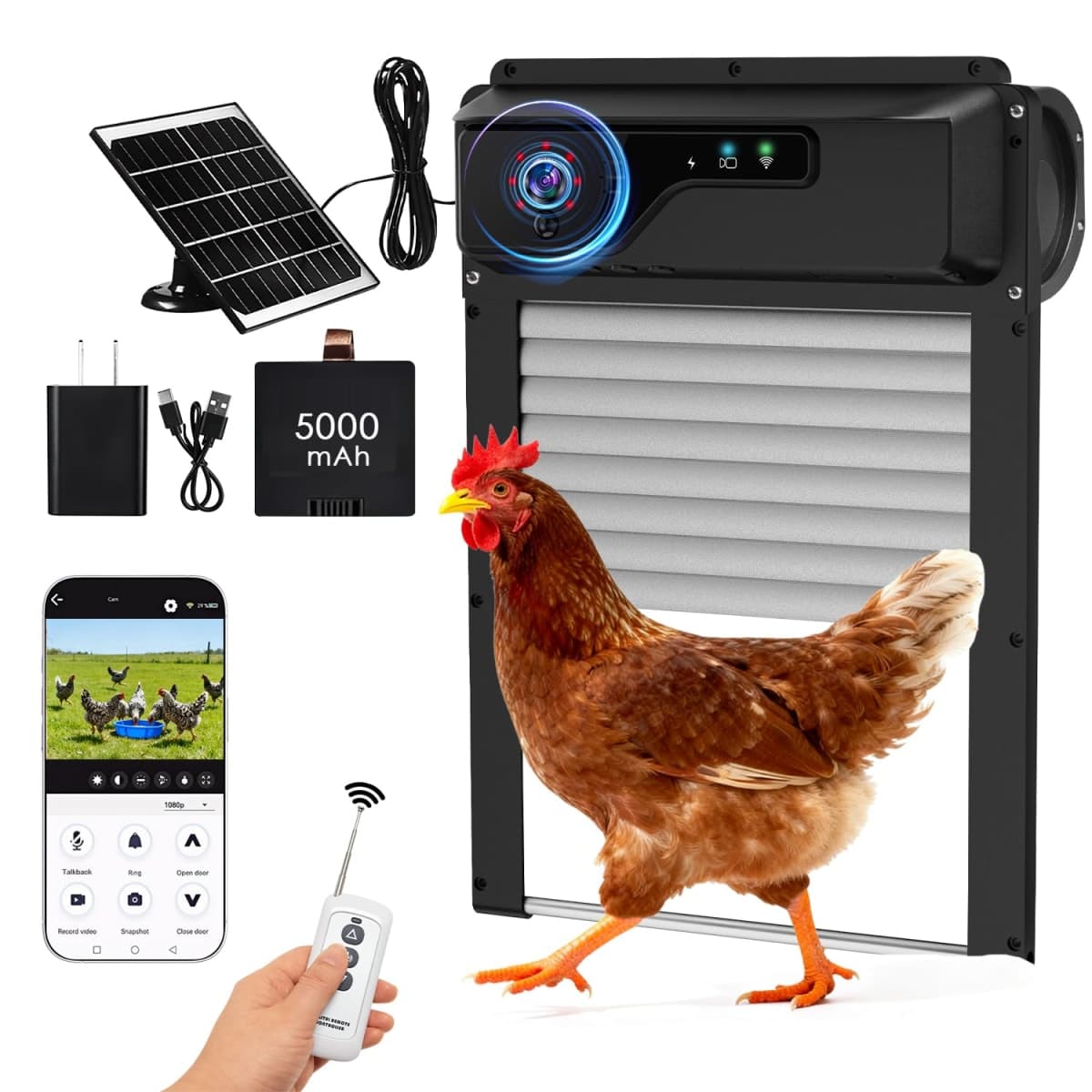 Automatic Chicken Coop Door with HD Camera and APP,Chicken coop Door with Alarm Driver,Night Vision,Remote Controller,Timer,Intercom,Anti-Pinch,5000 mAh Rechargeable Battery (Black)