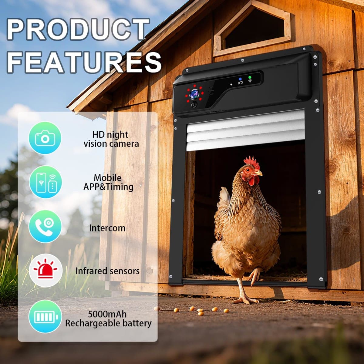 Automatic Chicken Coop Door with HD Camera and APP,Chicken coop Door with Alarm Driver,Night Vision,Remote Controller,Timer,Intercom,Anti-Pinch,5000 mAh Rechargeable Battery (Black) thumbnail 2