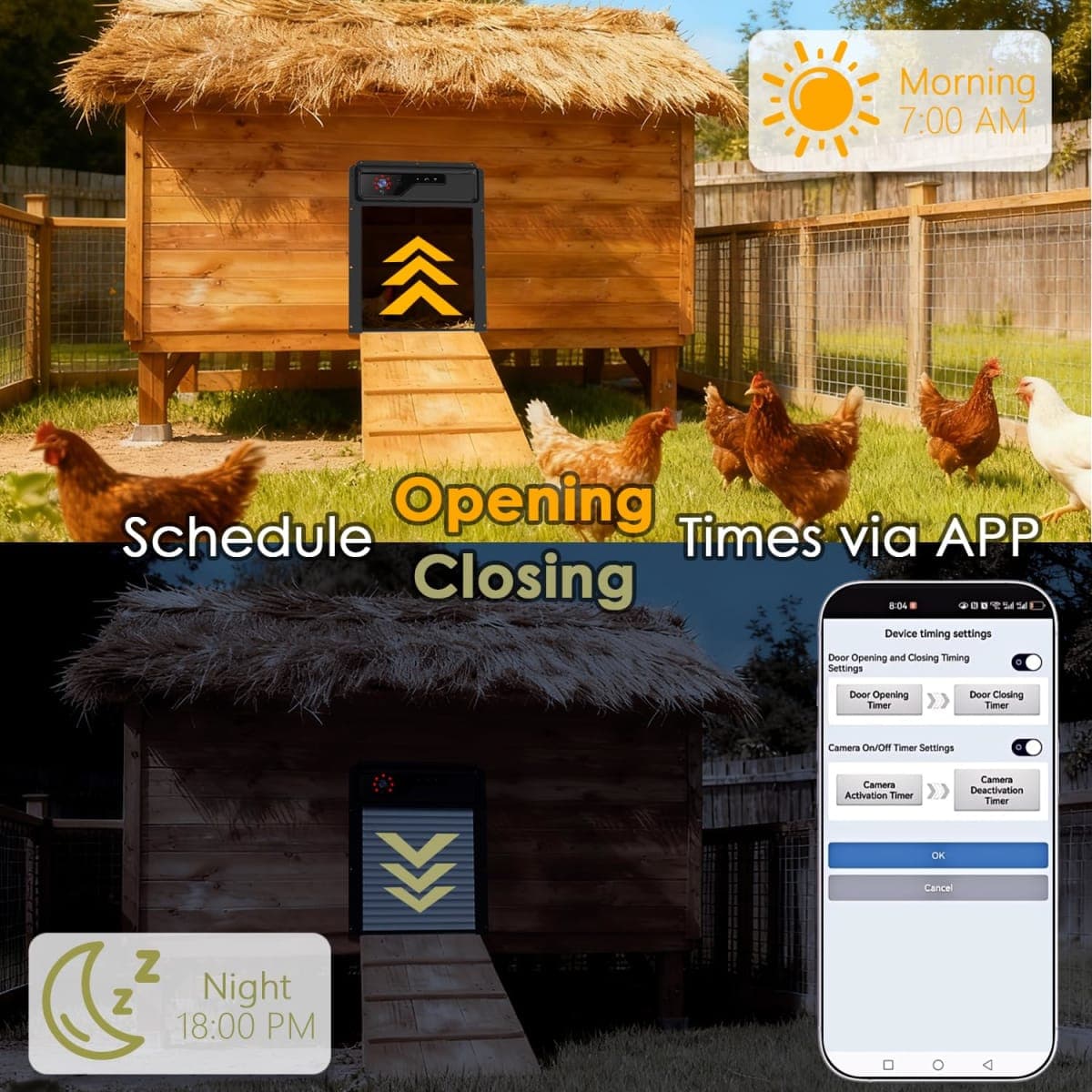 Automatic Chicken Coop Door with HD Camera and APP,Chicken coop Door with Alarm Driver,Night Vision,Remote Controller,Timer,Intercom,Anti-Pinch,5000 mAh Rechargeable Battery (Black) thumbnail 5