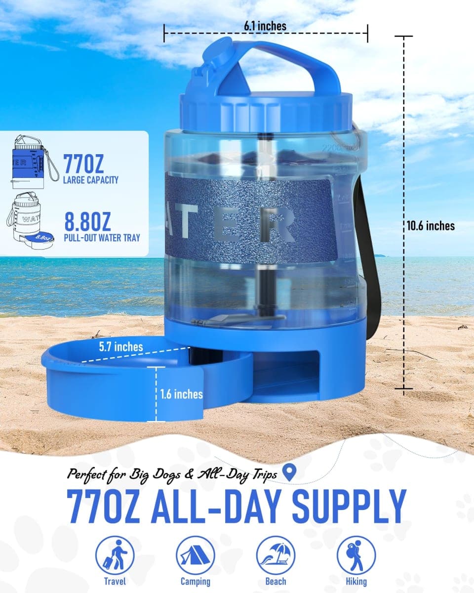 Portable Dog Travel Water Bottle, 77oz Large Dog Water Bowl Dispenser Portable, Leakproof Pet Drinking Bottle Dispenser for Hiking Camping Walking Travelling Beach Car Trips, BPA Free,Blue thumbnail 5