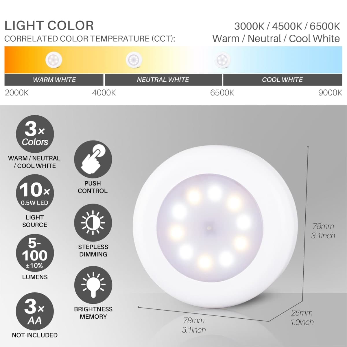 STAR-SPANGLED 2.8” LED Puck Lights Under Cabinet AAA Battery, 5 Pack Warm thumbnail 3