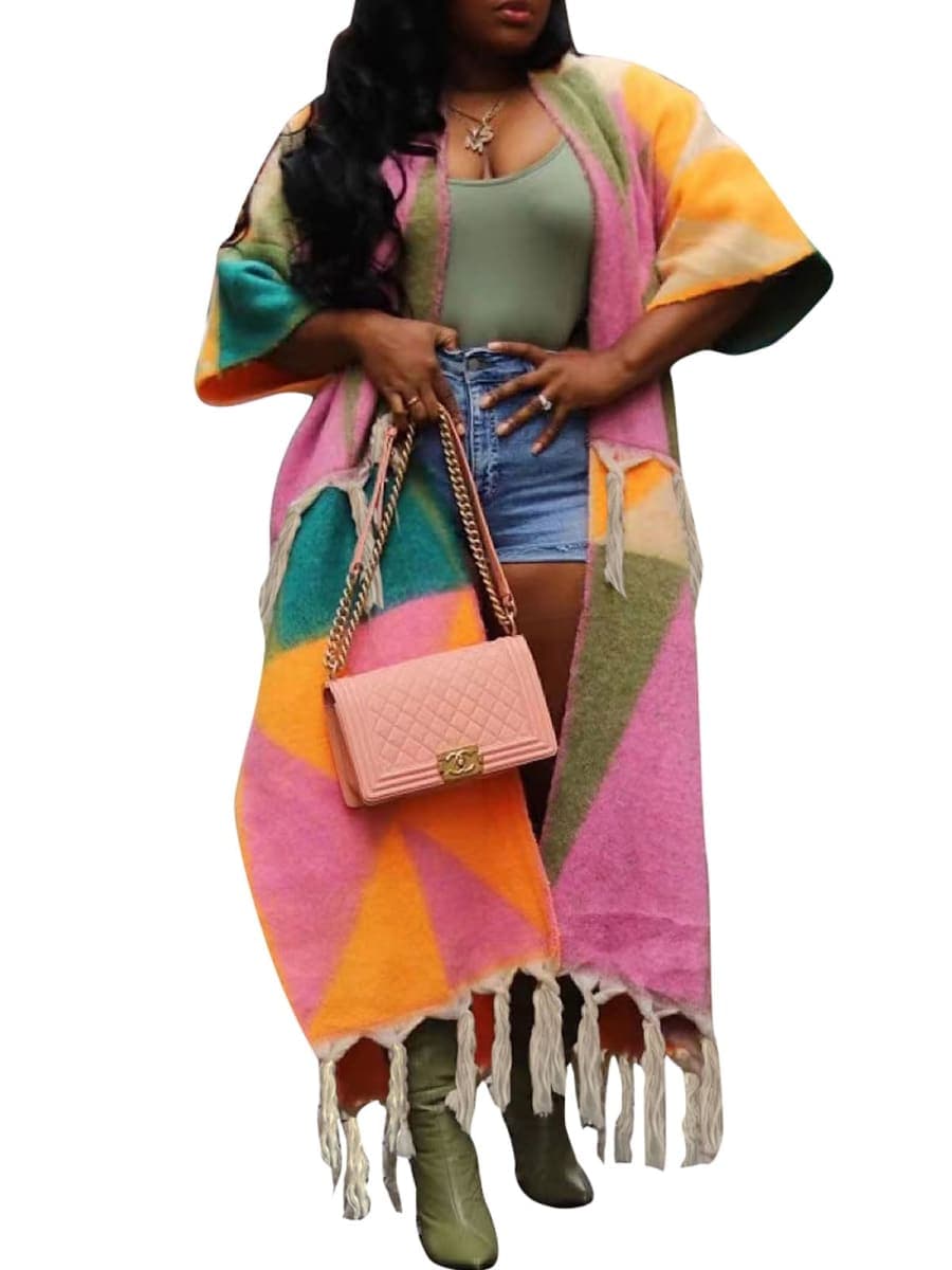 KANSOON Long Cardigans for Women Trendy Knit Sweater Color Block Fringes Open Front 3/4 Sleeve Maxi Tassels Coats, Pink Orange, X-Large — image 1